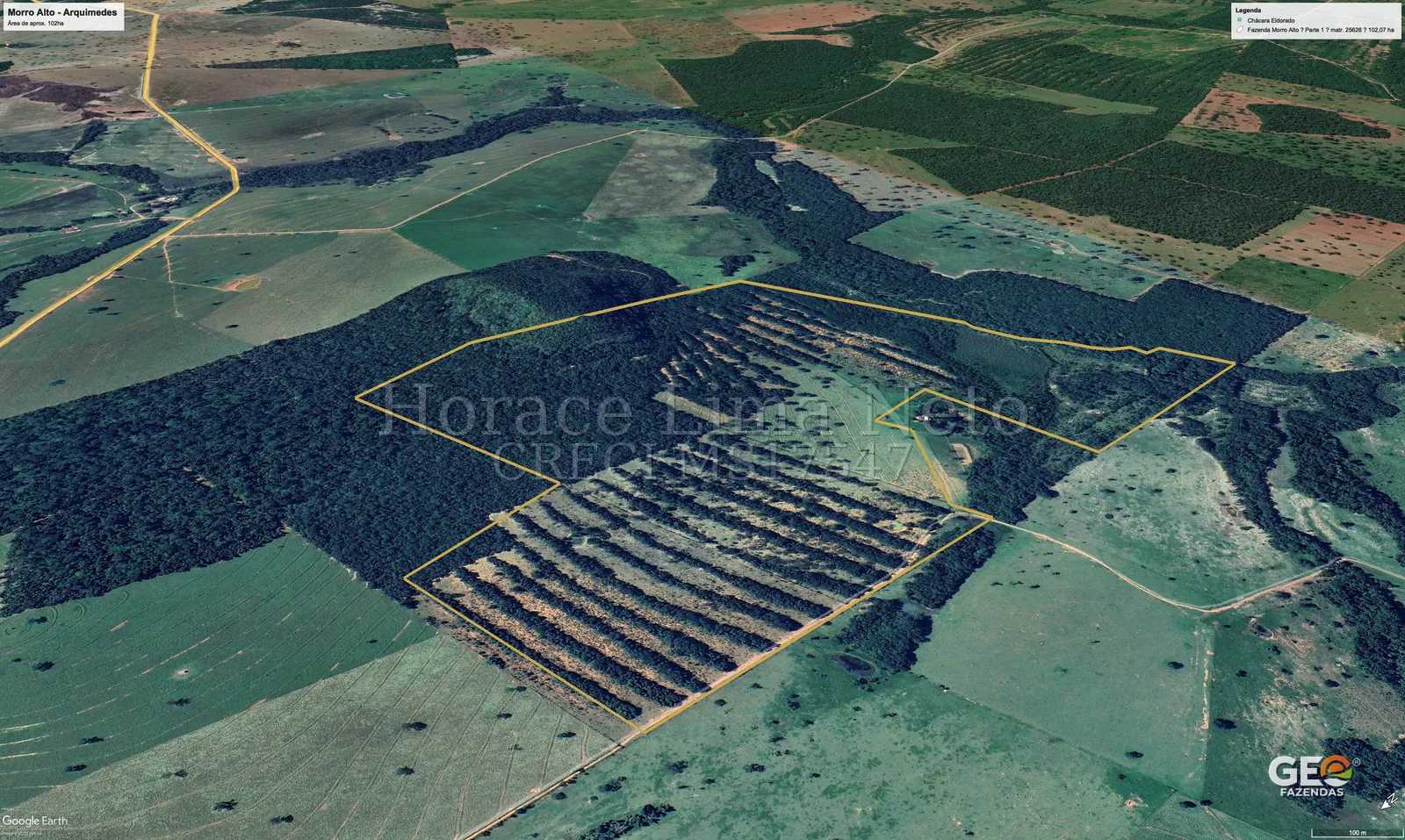 Imagem aérea da Fazenda Morro Alto com áreas demarcadas