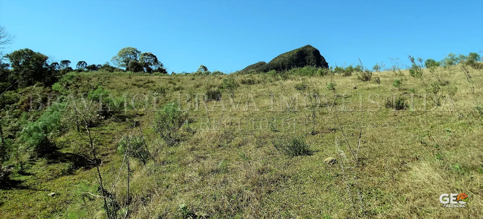 Terreno rural com vegetação e morro ao fundo