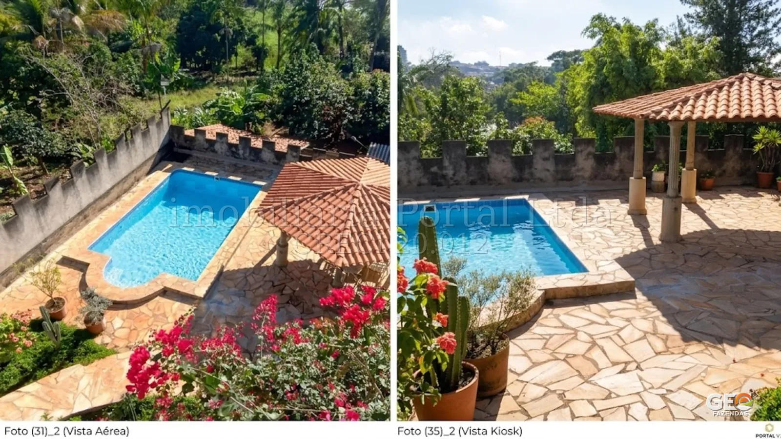Área de lazer com piscina e quiosque em propriedade rural