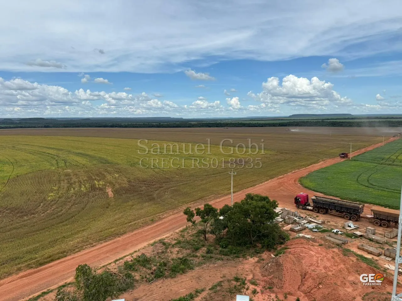 Área rural com plantações e estrada de terra