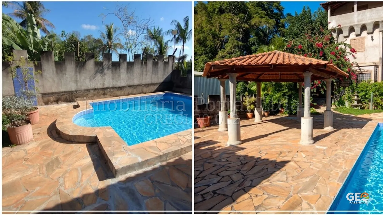 Área de lazer com piscina e gazebo em propriedade rural